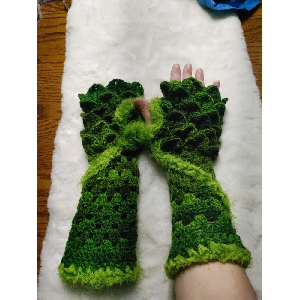 Grinch Handmade Crocheted Drangonscale Green Fuzzy Fingerless Gloves Armwarmer
